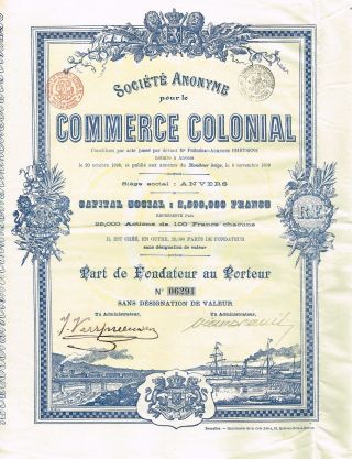 Belgium Colonial Commerce Stock Certificate 1898 photo