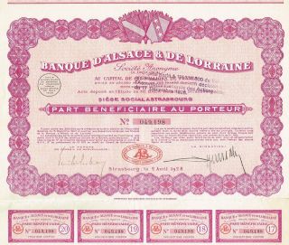 France Bank Of Alsace & Lorraine Stock Certificate 1928 photo
