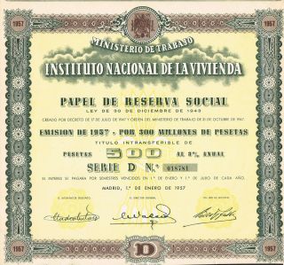 Spain Ministry Of Labor Housing 3% Bond Stock Certificate photo