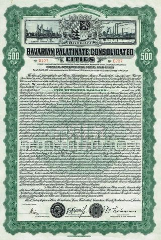 Germany Bavarian Palatinate Cities Gold Bond Stock Certificate 1926 $500 photo
