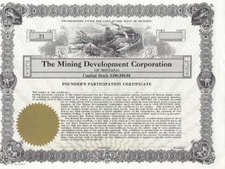 The Mining Development Corporation (montana). .  Founders Participation Certificate photo