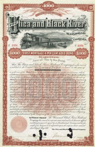 Usa Utica & Black River Railroad Company Gold Bond Stock Certificate 1890 photo