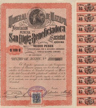 Mexico Mazapil Mining Company Bond Stock Certificate 1894,  San Eligio,  W/coupons photo