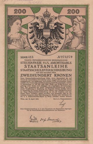 Austria Government Bond Stock Certificate 1916,  200 Kronen photo