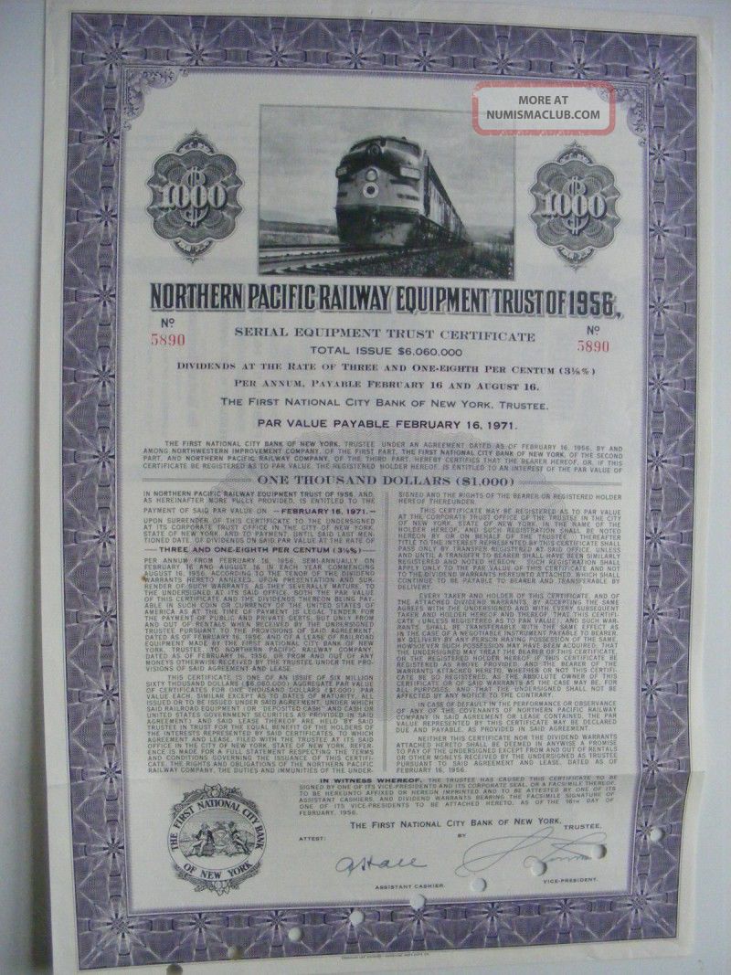 Northern Pacific Railway Equipment Trust Of 1956 Bond Transportation photo