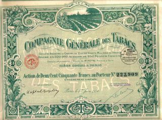 France Bond 1924 Generale Tabacs Tobacco Co 250 Fr Uncancelled Top Deco Coupons photo