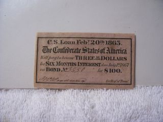 Authentic Confederate $100 Bond C.  S.  Loan Of 1863 $3 Coupon photo