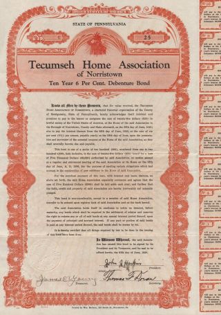Usa Tecumseh Home Association Stock Certificate 1930 Pennsylvania photo