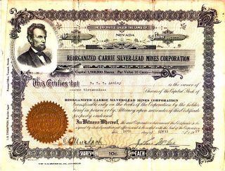 Reorganized Carrie Silver - Lead Mines Corporation Nv 1927 Stock Certificate photo