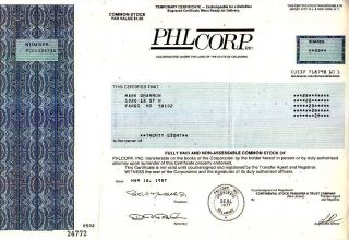 Phlcorp,  Inc.  1987 Stock Certificate photo