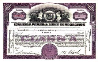 Utilities Power & Light 1939 Va Stock Certificate photo
