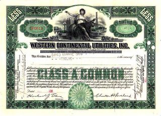 Western Continental Utilities 1930 Stock Certificate photo