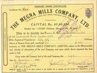 India - 1939 The Megna Mills Ltd.  Share Certificate photo