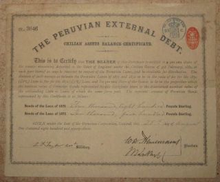 Peru Peruvian External Debt Assets Balance Certificate £15300 1893 High Amount photo