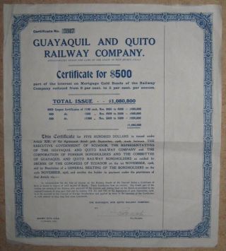 Ecuador Guayaquil And Quito Railway Company $500 Bond - Only 800 Ever Issued photo