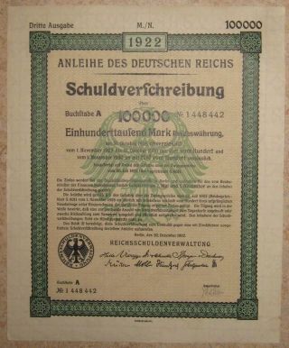 Germany Deutsches Reich German Treasury Bond 3rd Em.  100.  000 Mark photo