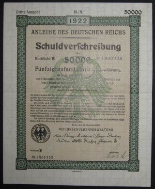 Germany Deutsches Reich German Treasury Bond 3rd Em.  50.  000 Mark photo