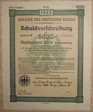 Germany Deutsches Reich German Treasury Bond 3rd Em.  5.  000 Mark photo