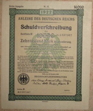 Germany Deutsches Reich German Treasury Bond 3rd Em.  10.  000 Mark photo