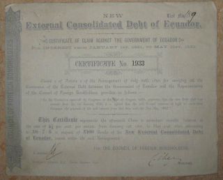 Ecuador External Consolidated Debt Certificate Of Claim Against Ecuador £100 photo