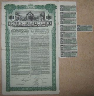 Hungary Hungarian Consolidated Municipal Loan 7,  5% Gold Bond $1000 1925 +coupons photo