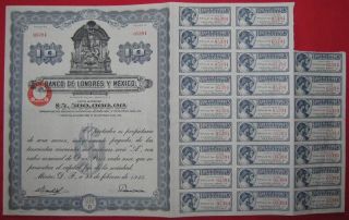 Mexico Banco De Londres Y Mexico $10 Bond 1935 +coupons Queen Victoria photo