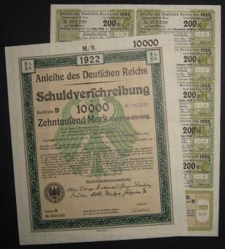 Germany Deutsches Reich German Treasury Bond 1st Em.  10.  000 Mark With Coupons photo