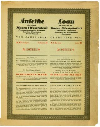 Germany Hagen Province Of Westphalia 6% Bond 1924 10.  000.  000 Mark With Coupons photo