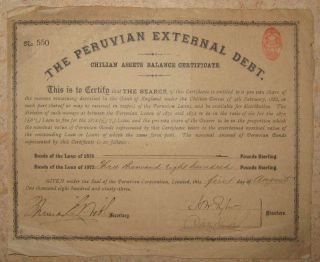 Peru Peruvian External Debt Assets Balance Certificate £3800 1893 photo