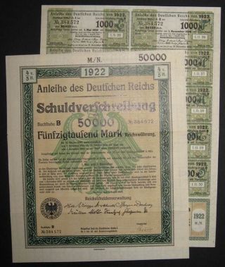Germany Deutsches Reich German Treasury Bond 1st Em.  50.  000 Mark With Coupons photo