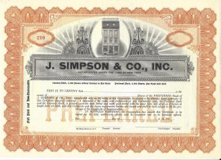 J.  Simpson & Co. ,  Inc. . . . . . .  1920 ' S Unissued Stock Certificate photo