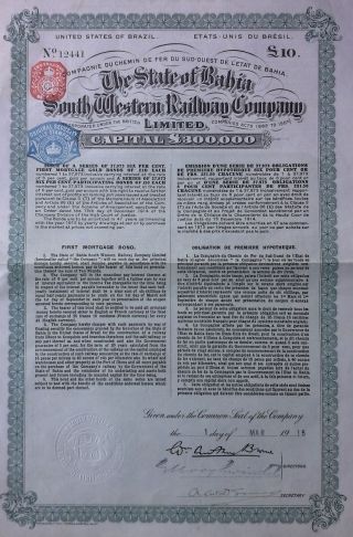 United States Of Brazil 1929 State Of Bahia South Western Railway Bond Share photo