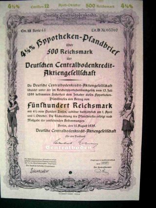 Germany German 1939 Hypotheken Pfandbrief 500 Rm Bond Share Loan photo