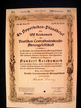 Germany German 1940 Hypotheken Pfandbrief 100 Rm Bond Share Loan photo