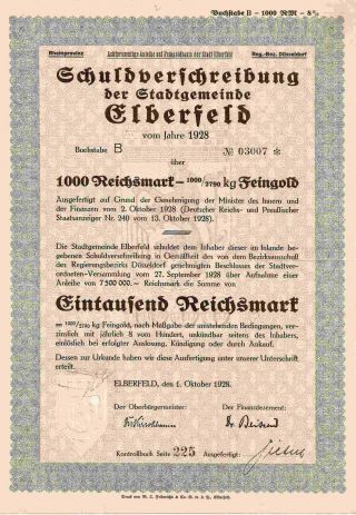 German Germany 1928 City Elberfeld Stadt 1000 Mark Marcs Bond Loan Anleihe Aktie photo
