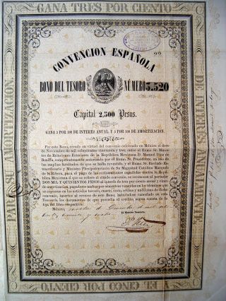 Mexico Mexican 1854 Convencion Española 2500 Pesos Aguila Bond Share Loan Stock photo