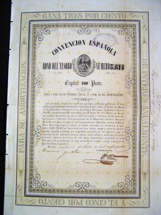 Mexico 1854 Convencion Española 100 Pesos Bond Share Loan Stock Certificate photo