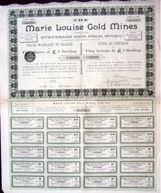 Africa 1895 South Witwatersrand £1 Marie Louise Gold Mines Bond 5 Shares Coupons photo