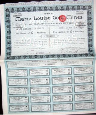 Africa 1895 South Witwatersrand £1 Marie Louise Gold Mines Bond Share Coupons Rr photo