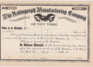 The Hektograph Manufacturing Company. . . .  1880 ' S Unissued Stock Certificate photo