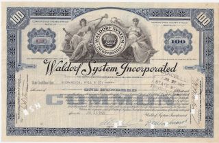 Waldorf System Incorporated. . . . .  1923 Stock Certificate photo