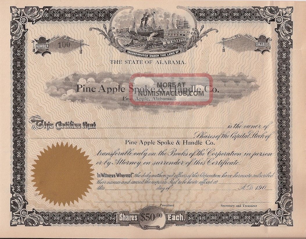 Pine Apple Spoke & Handle Co (alabama). . . Early 1900 ' S Unissued Stock Certificate