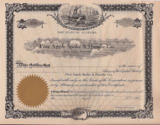 Pine Apple Spoke & Handle Co (alabama). . .  Early 1900 ' S Unissued Stock Certificate photo