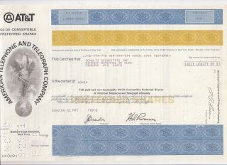 American Telephone And Telegraph Company. . .  1971 Preferred Stock Certificate photo