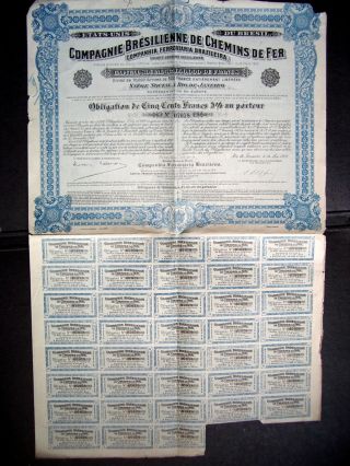 Brazil Brazilian 1912 Compania Ferroviaria Brasilera 500 Francs Bond photo