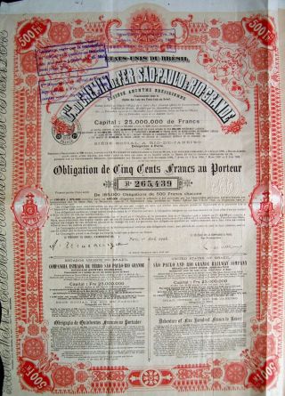 Brasil Brazilian 1906 San Paulo Rio Grande 500 Franc Uncancelled Obligation Bond photo
