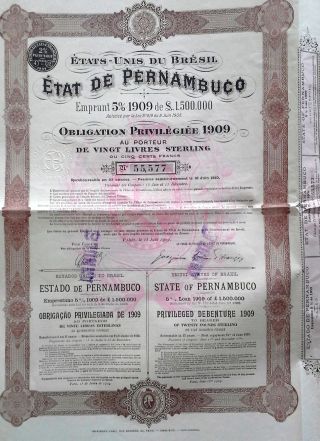 Brazil Brazilian 1909 Etat Pernambuco Bresil 20 Pounds Uncancelled Bond Loan photo