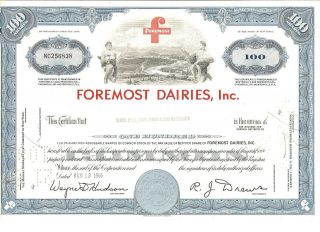 Foremost Dairies,  Inc Stock Certificate,  Cert,  100 Shares,  1966 photo