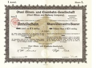 Germany German 1921 Berlin Otavi Minen £1 Share Bond Ef Deco photo