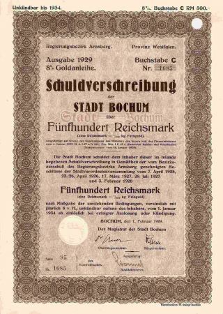 Germany German 1934 Stadt Bochum 500 Rm Bond Aktien photo